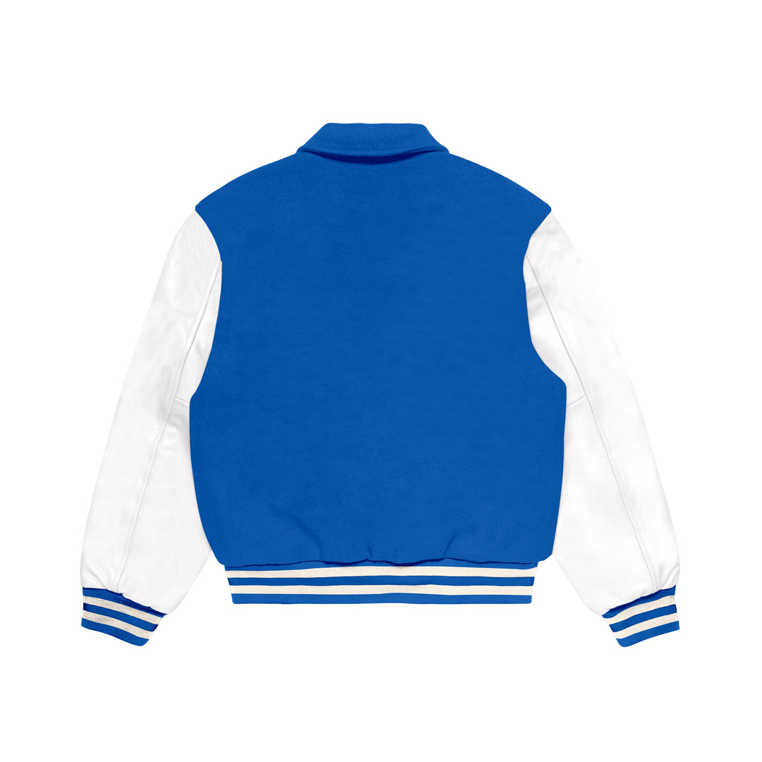 Royal Blue Wool/White Leather Collared Varsity Jacket – College Style Outerwear