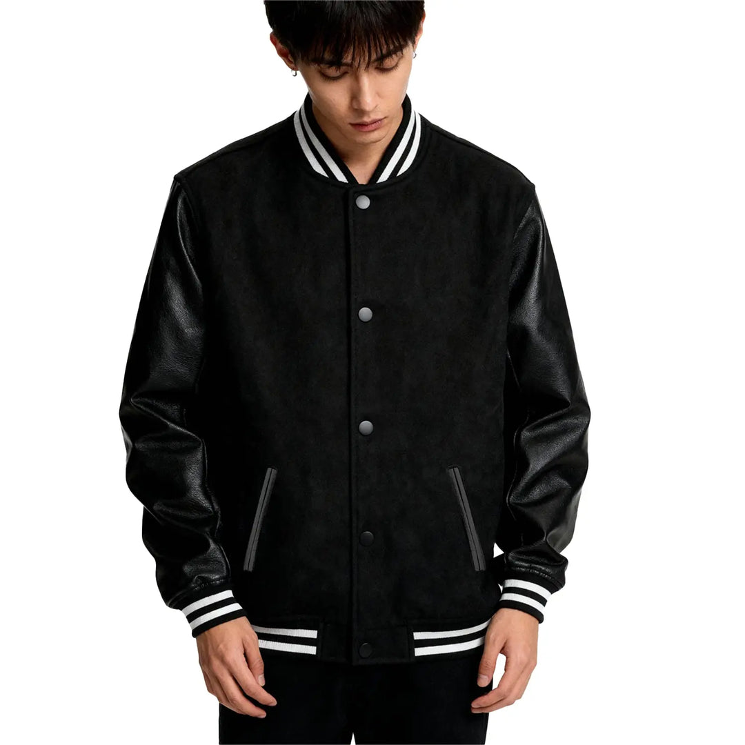 Black Wool / Black Leather Varsity Jacket – College Style Outerwear