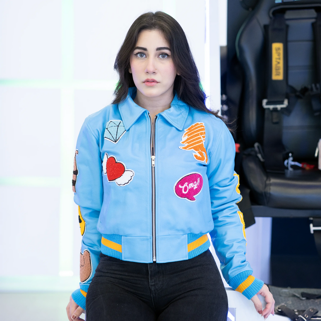 EV Signature Blue Leather Crop Top Varsity Jacket – Women's College Style Outerwear