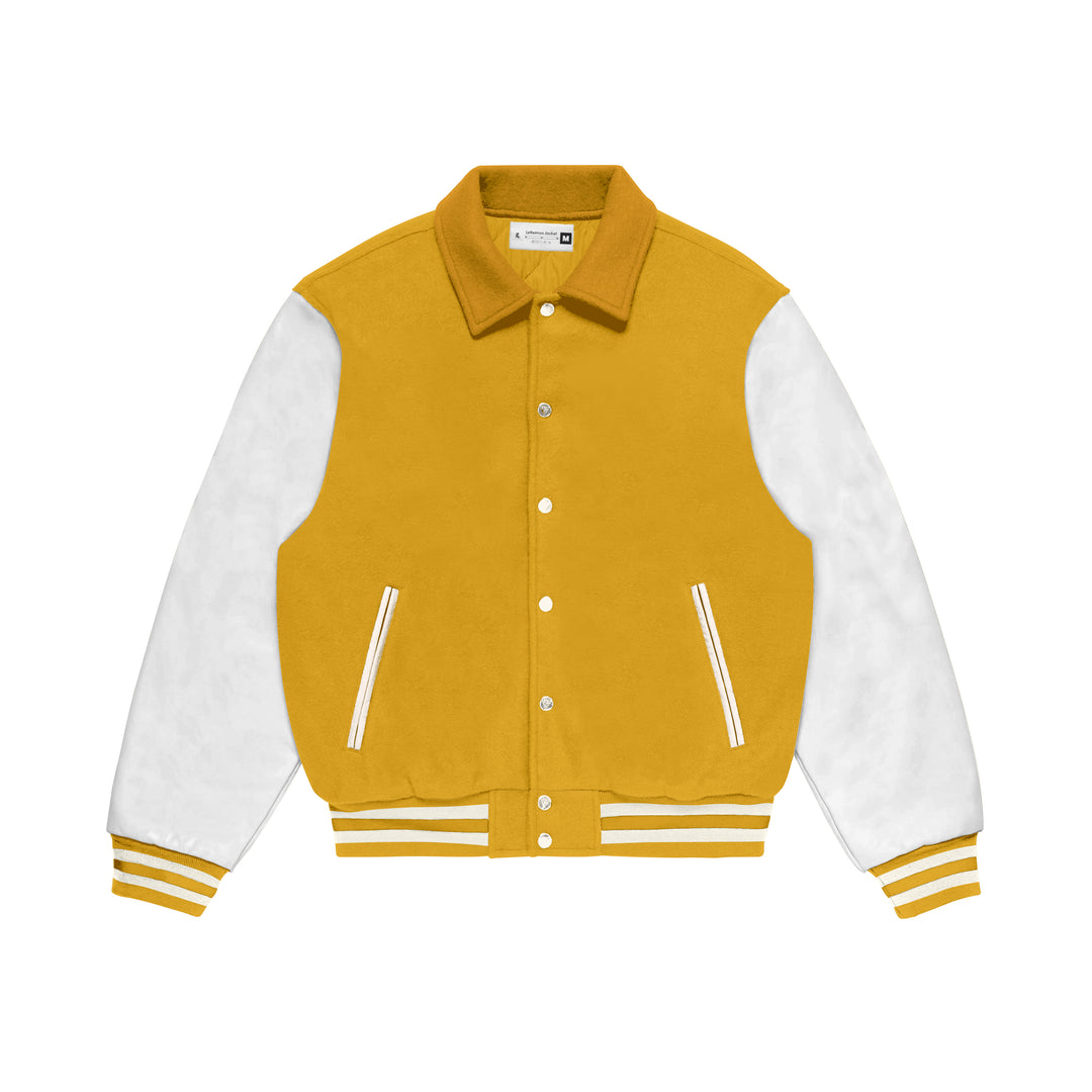 Yellow Wool/White Leather Collared Varsity Jacket – College Style Outerwear